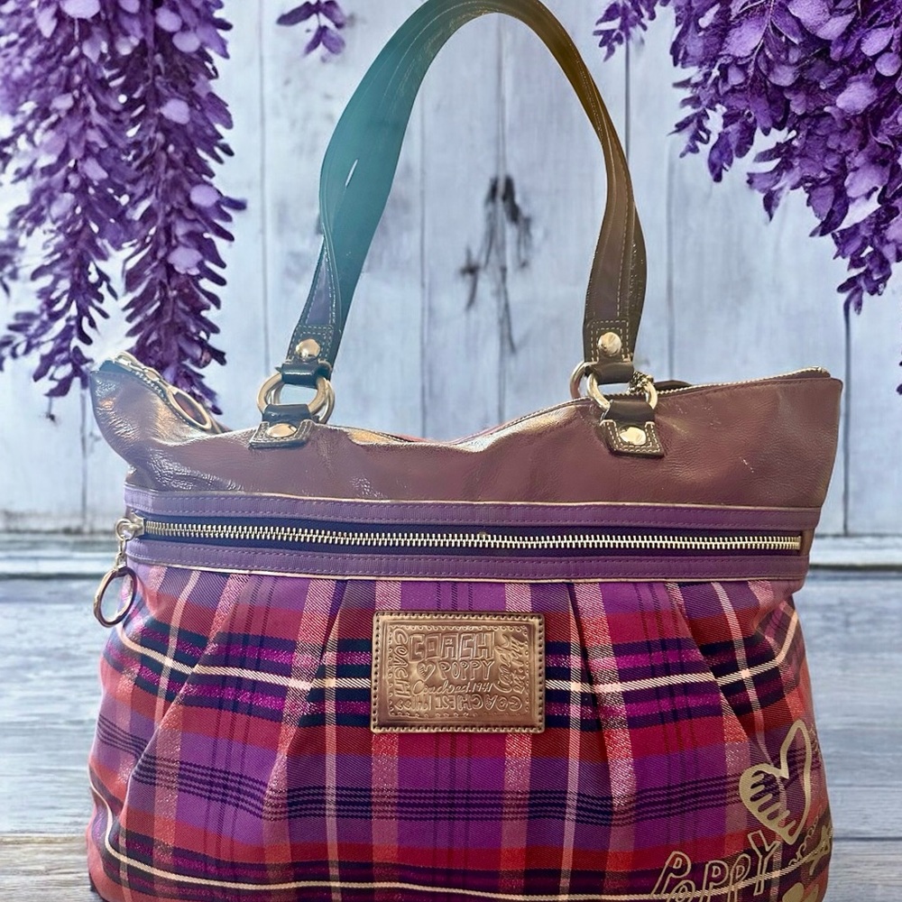 Coach Tartan Plaid Glam Tot Pink & Purple Poppy &  5 Hang Tags -‎ Collectible - Picture 5 of 15